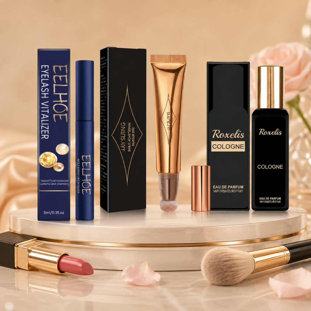 Beauty care bottles and skincare products